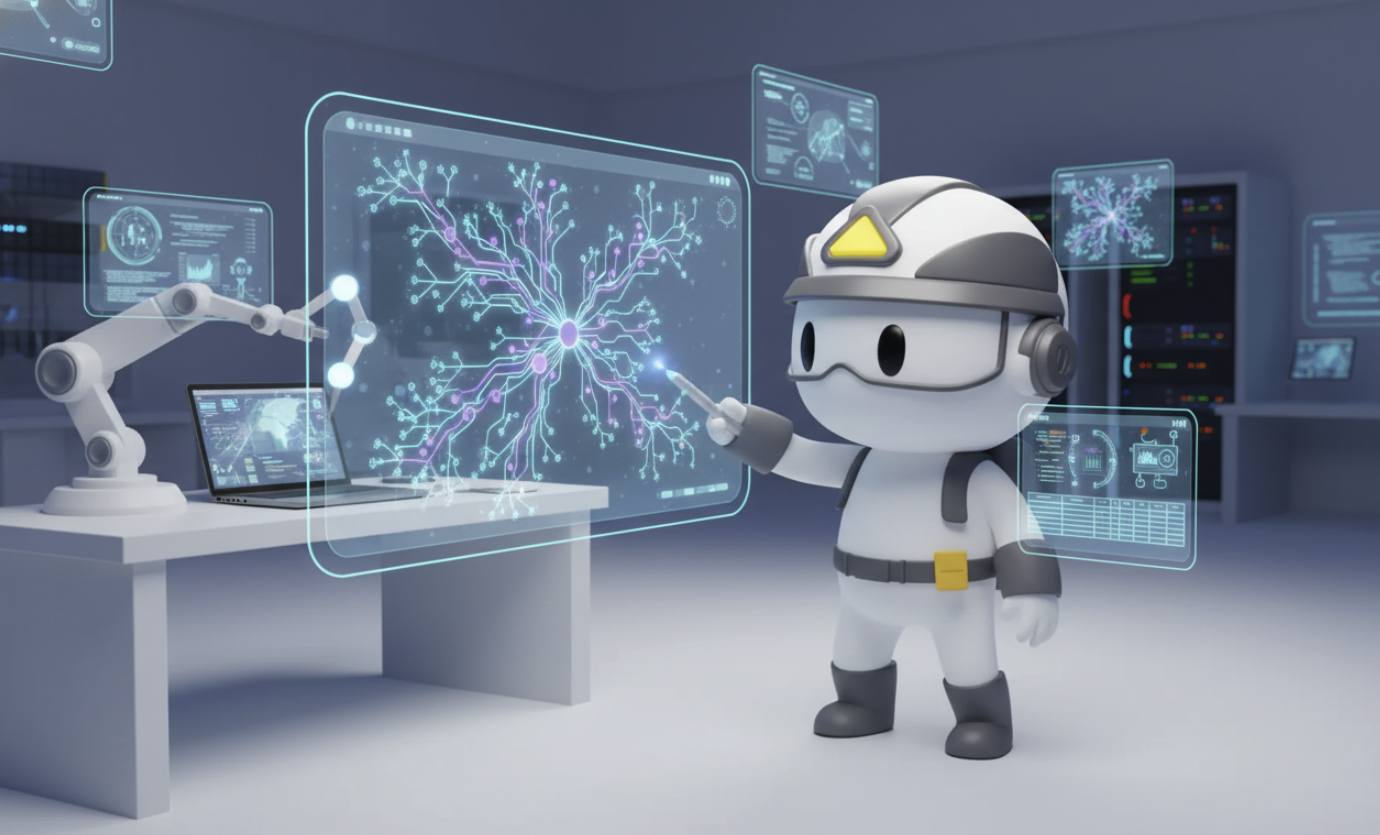 Codeminer42 mascot working with AI